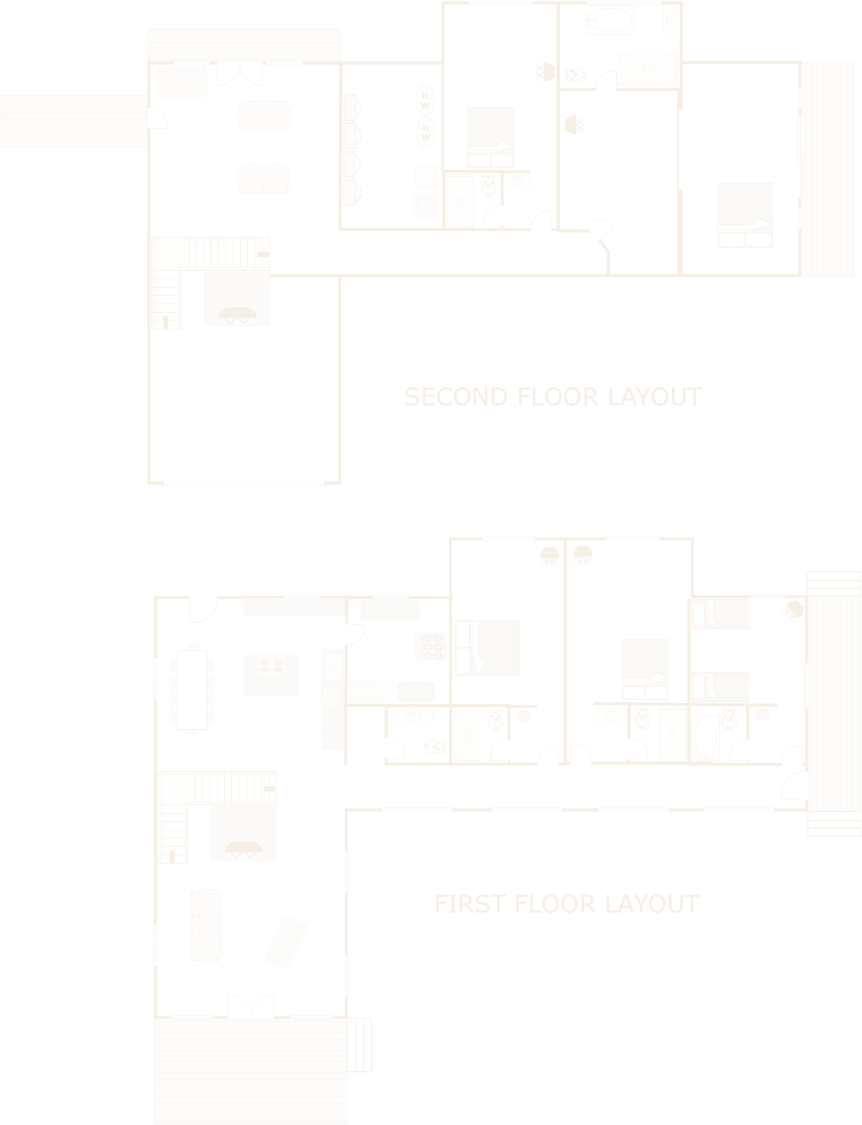 Floor plan of The Lodge — first and second floor layouts, five bedroom suites, two kitchens and the lake-side deck.