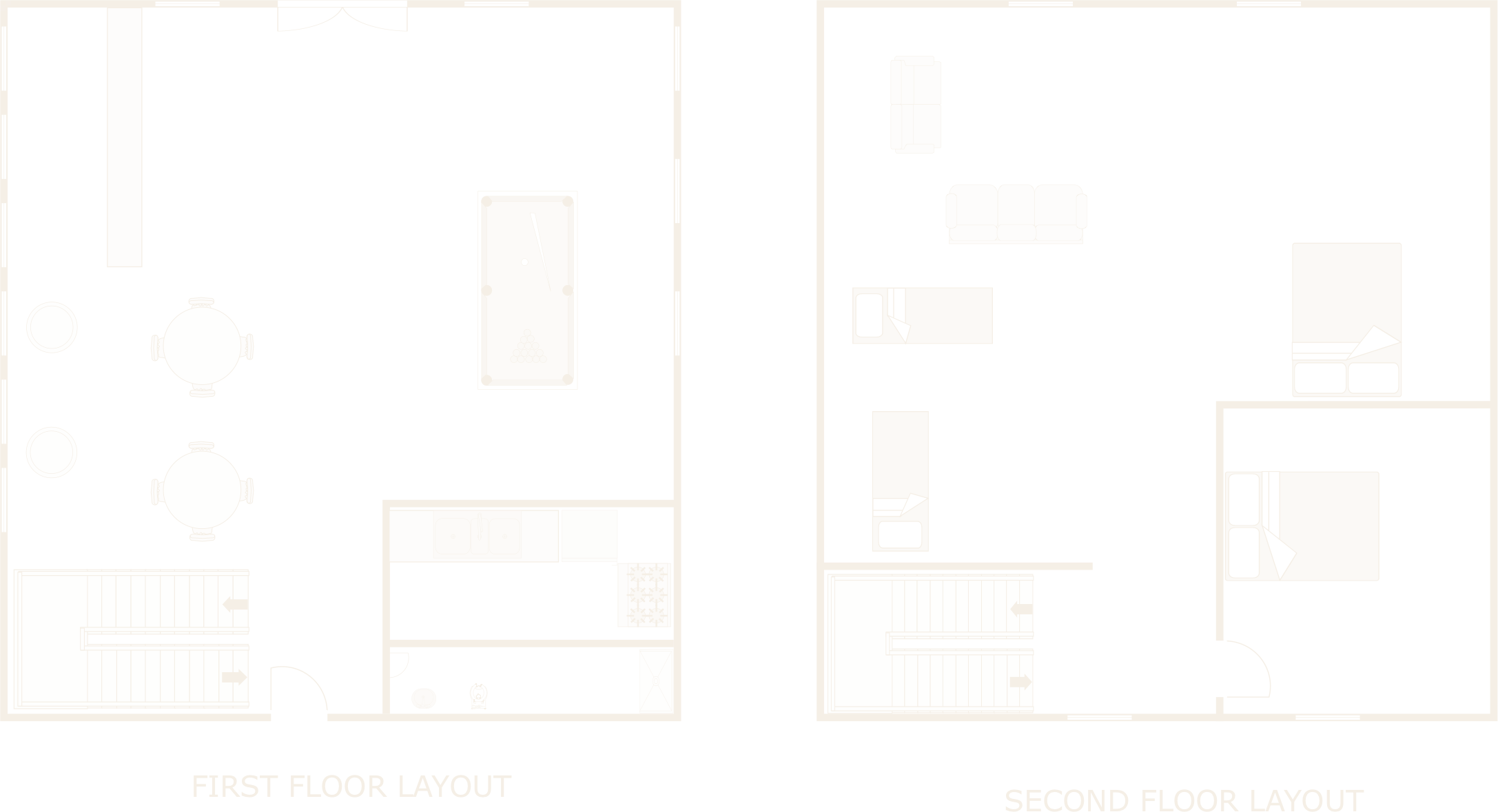 Floor plan of The Saloon — first floor with the bar and pool table, second floor sleeping loft and bedroom.